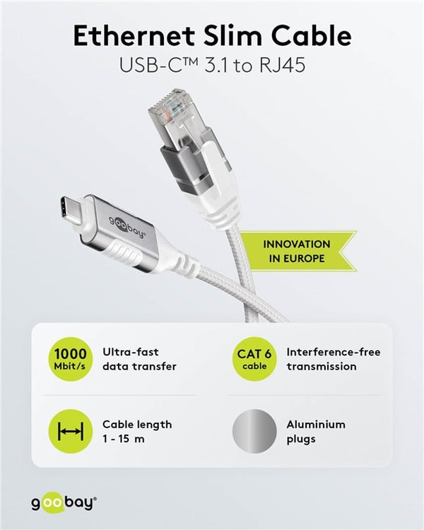 Ethernet-kabel USB-C™ 3.1 til RJ45, Slim, 1 m