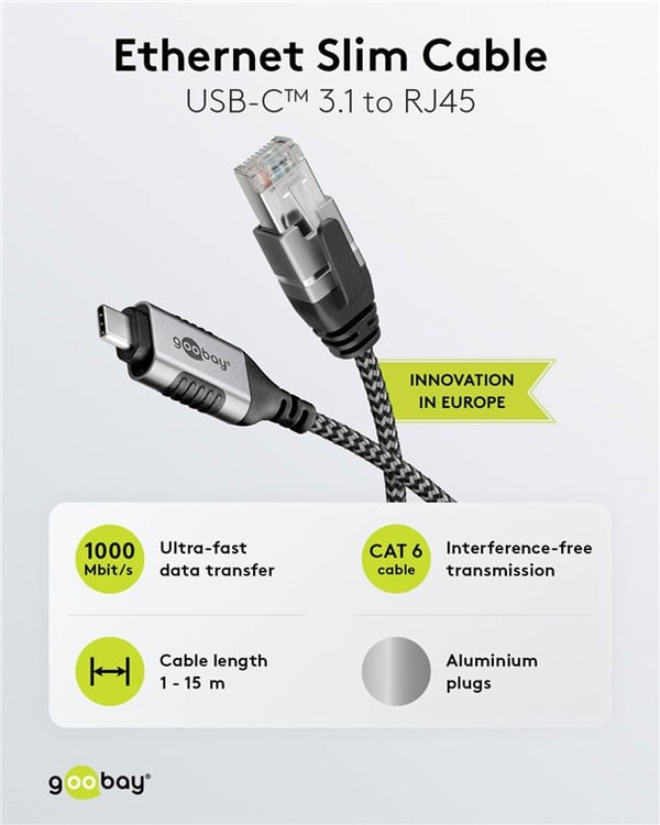 Ethernet-kabel USB-C™ 3.1 til RJ45, Slim, 1 m