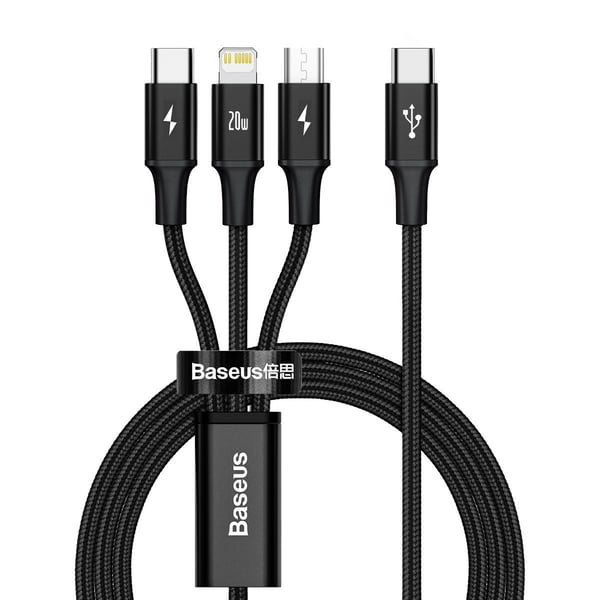 Baseus Rapid Series 3-i-1 kabel USB-C Til M+L+T 20W 1,5m Sort