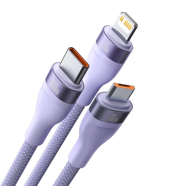3-i-1 USB-kabel Baseus Flash Series 2, USB-C + micro USB + Lightning, 100W, 1,5 m (lilla)