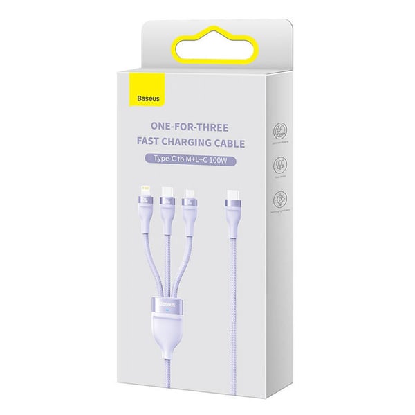3-i-1 USB-kabel Baseus Flash Series 2, USB-C + micro USB + Lightning, 100W, 1,5 m (lilla)
