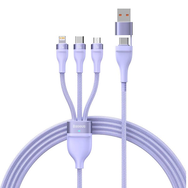 3-i-1 USB-kabel Baseus Flash Series 2, USB-C + micro USB + Lightning, 100W, 1,5 m (lilla)