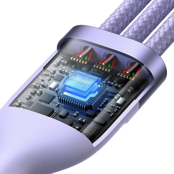 3-i-1 USB-kabel Baseus Flash Series 2, USB-C + micro USB + Lightning, 100W, 1,5 m (lilla)