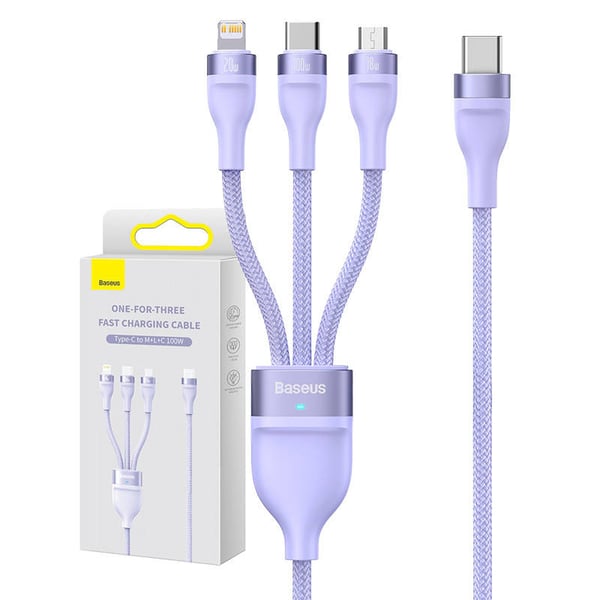 3-i-1 USB-kabel Baseus Flash Series 2, USB-C + micro USB + Lightning, 100W, 1,5 m (lilla)