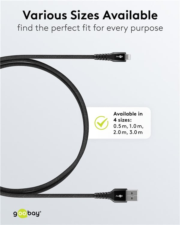 Lightning USB-A superblødt tekstilkabel med metalstik, 3 m, sort