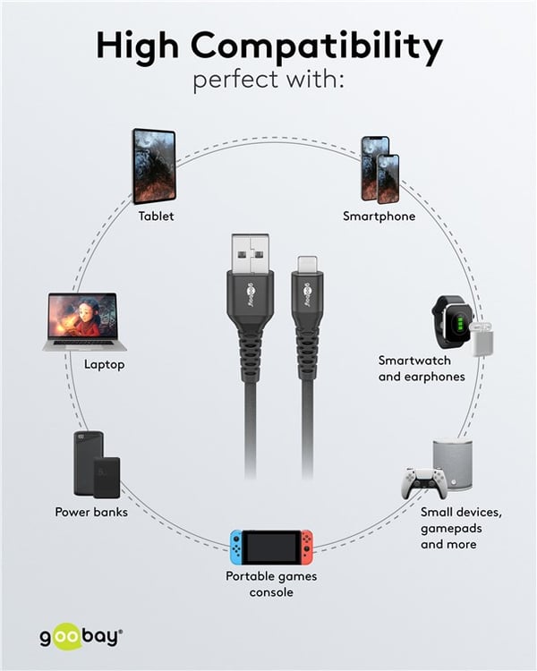 Lightning USB-A superblødt tekstilkabel med metalstik, 3 m, sort