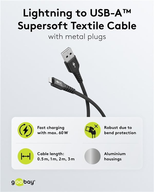 Lightning USB-A superblødt tekstilkabel med metalstik, 1 m, sort