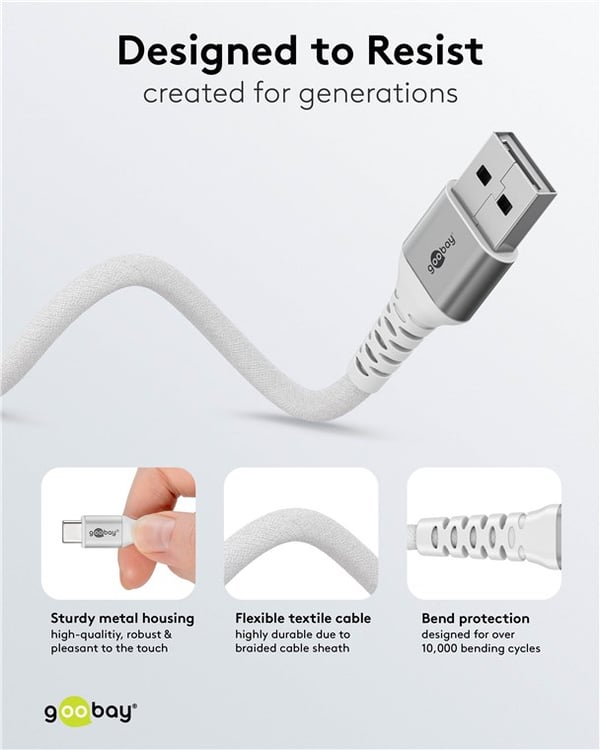 USB-C™ til USB-A supermyk tekstilkabel med metallkontakter, 2 m, hvit