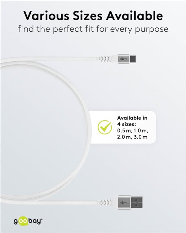 USB-C™ til USB-A supermyk tekstilkabel med metallkontakter, 2 m, hvit