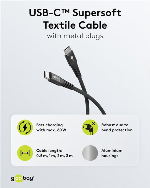 USB-C™ superblødt tekstilkabel med metalstik, 2 m, sort