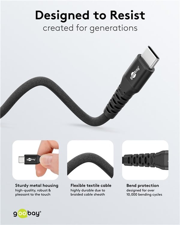 USB-C™ superblødt tekstilkabel med metalstik, 2 m, sort