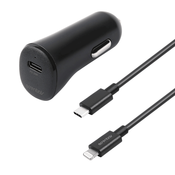 Car charger 20W, USB-C-Lightning cable, 1m, black