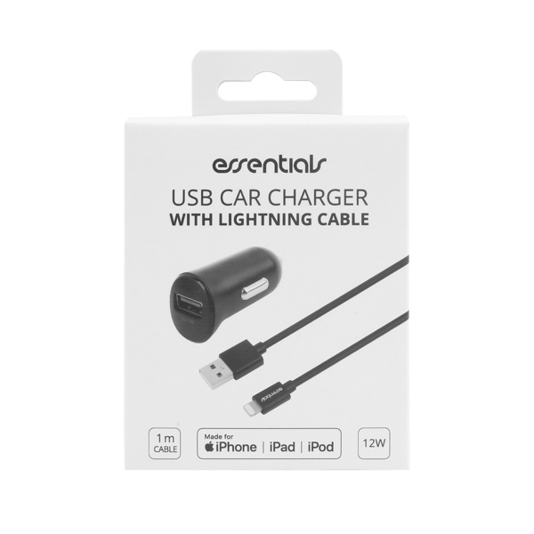 Car charger 12W, USB-A Light. Cable 1m, MFi, Black