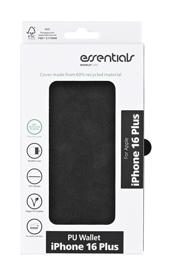 iPhone 16 Plus PU wallet, recycled, 3 cards, black