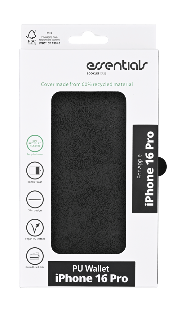 iPhone 16 Pro PU wallet, recycled, 3 cards, black