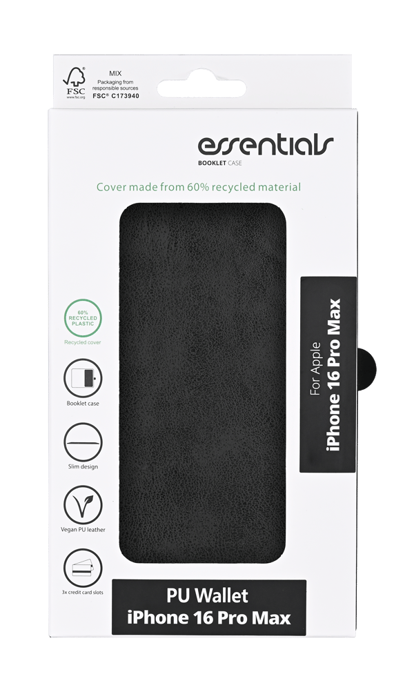 iPhone 16 Pro Max PU wallet, recycled, 3 cards, black