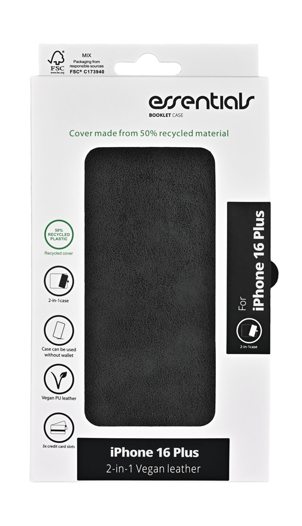 iPhone 16 Plus PU wallet, detach, recycled, 3 cards, black
