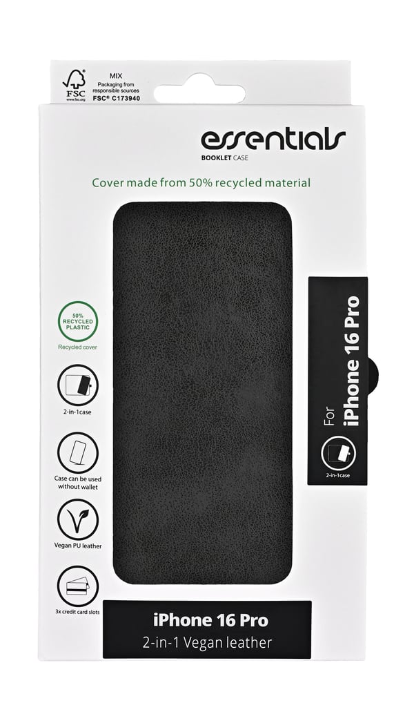 iPhone 16 Pro PU wallet, detach, recycled, 3 cards, black