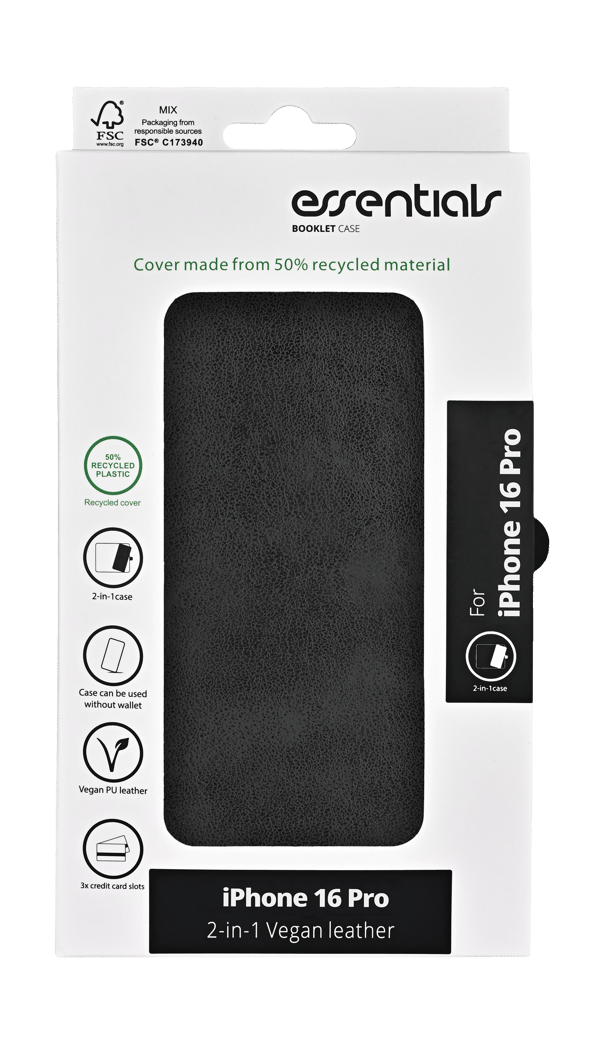 iPhone 16 Pro PU wallet, detach, recycled, 3 cards, black