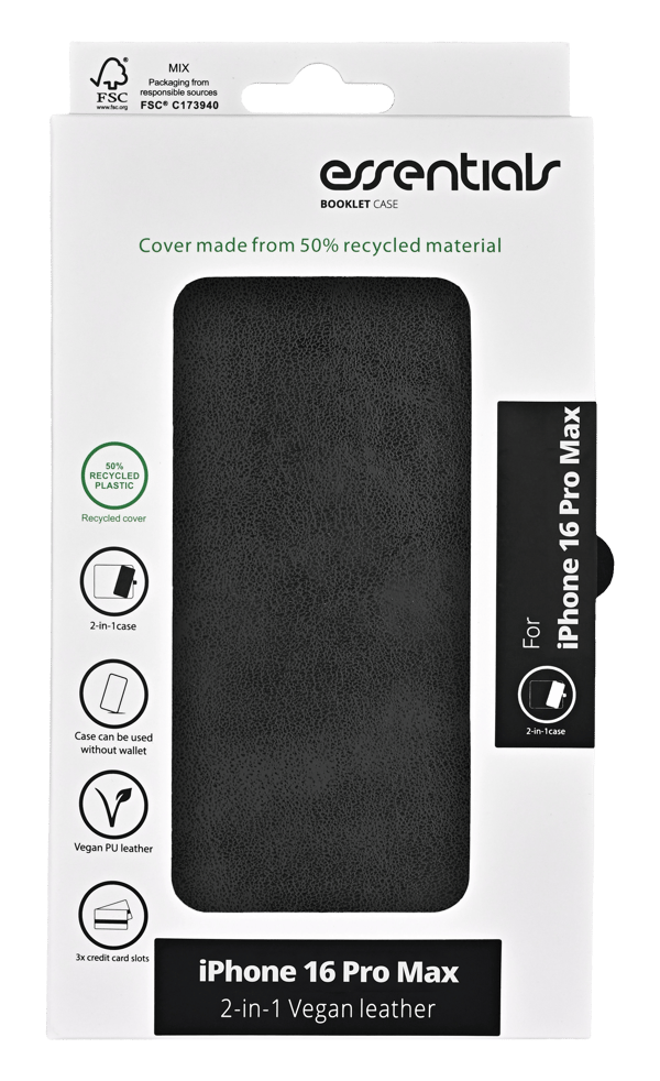 iPhone 16 Pro Max PU wallet, detach, recycled, 3 cards,black