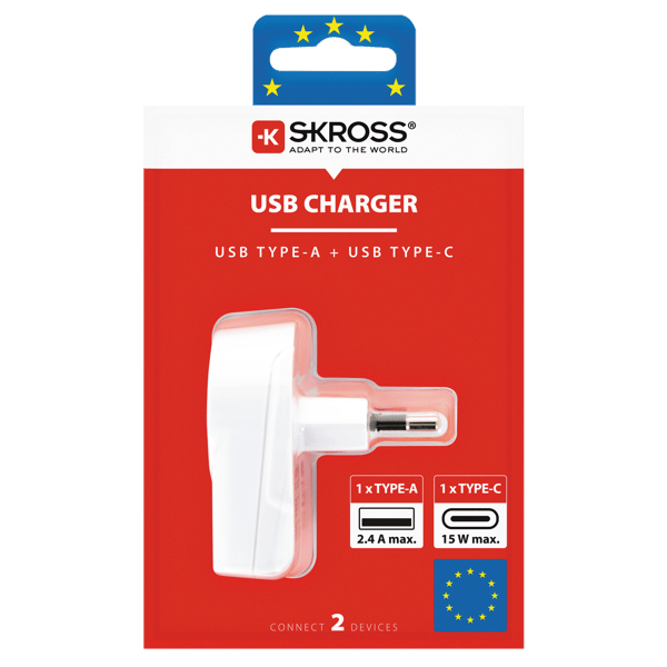 Euro USB Charger - 1xUSB Type C / 1xUSB Type A