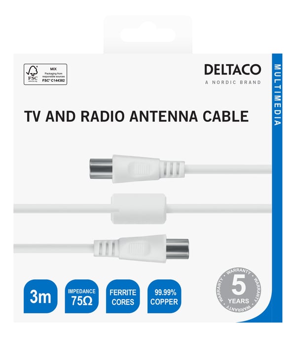 Antenna cable, 75 Ohm nickel-plated connectors, 3m, white