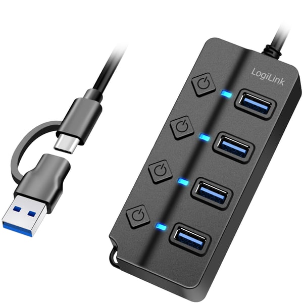 USB-hub med 4 porte og separate tænd/sluk-knapper USB-C/USB-A i USB 3.2 Gen1