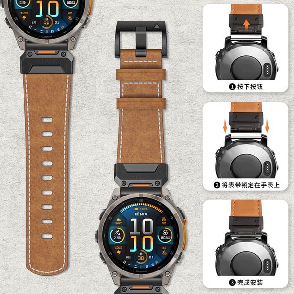 Ægte læderurrem til Garmin Fenix 8/7X/7/6/5/965 Black 26 mm