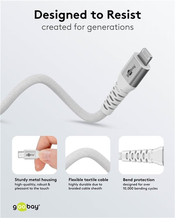 Lightning USB-C™ superblødt tekstilkabel med metalstik, 3 m, hvid