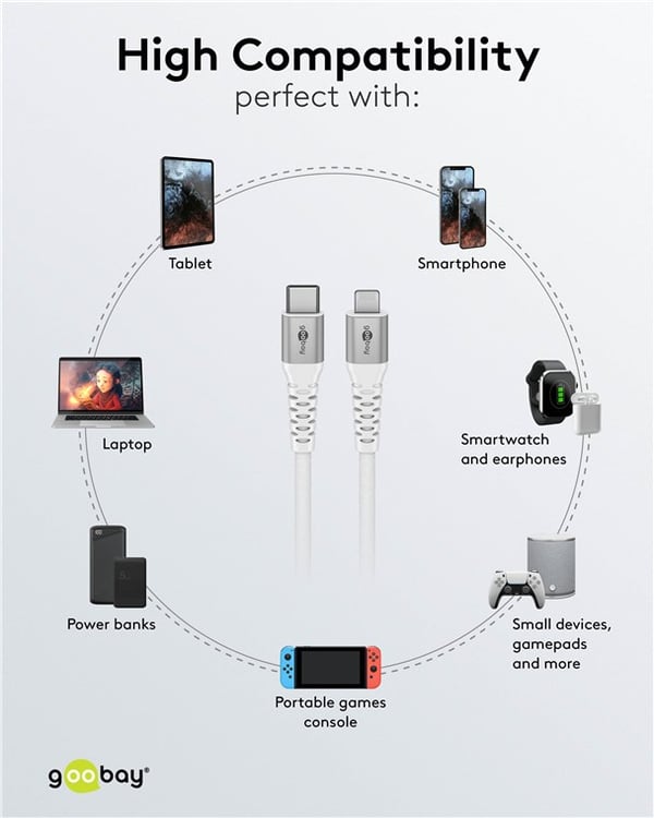 Lightning-USB-C™ supermyk tekstilkabel med metallkontakter, 1 m, hvit