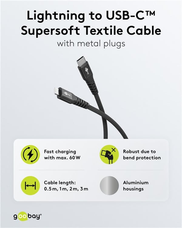 Lightning USB-C™ superblødt tekstilkabel med metalstik, 3 m, sort