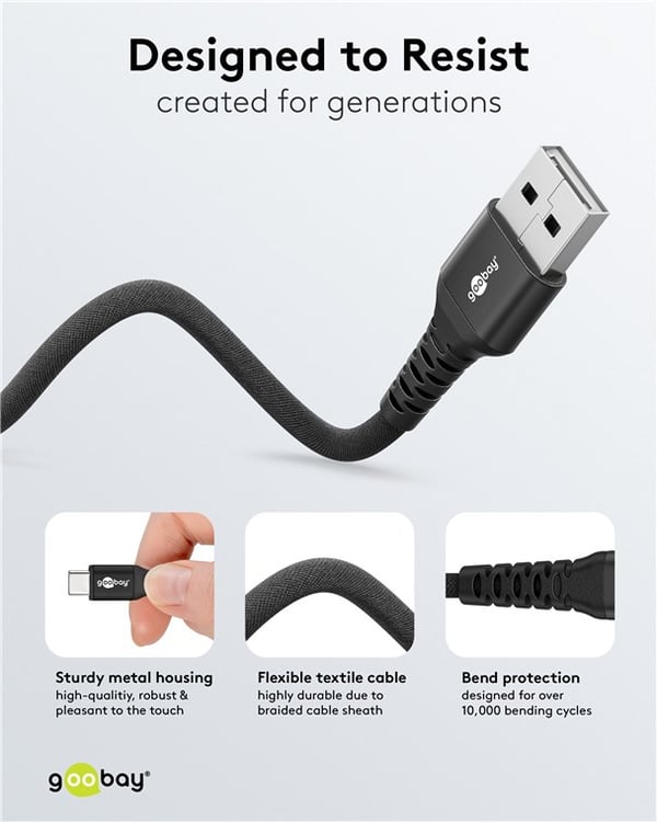 USB-C™ til USB-A supersoft tekstilkabel med metallkontakter, 3 m, svart