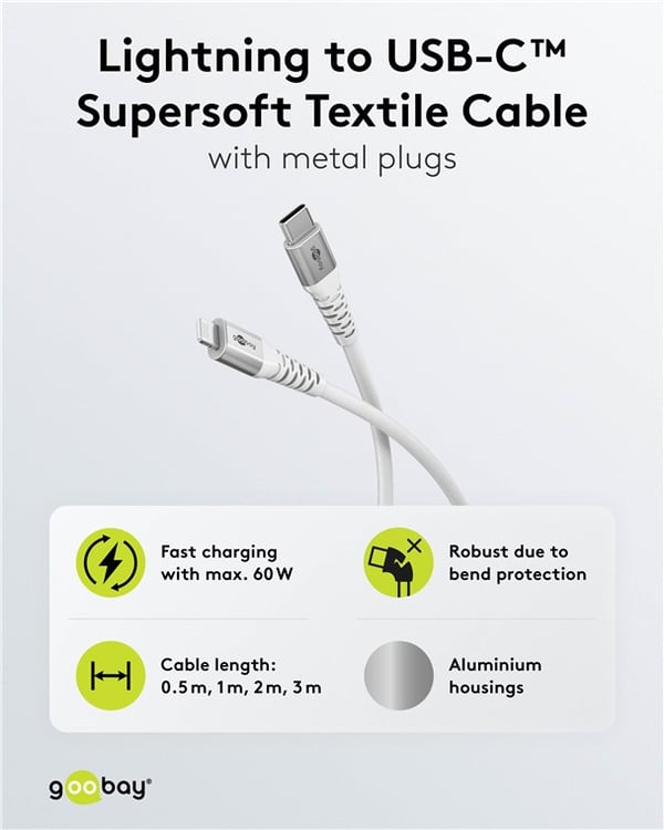 Lightning USB-C™ superblødt tekstilkabel med metalstik, 2 m, hvid