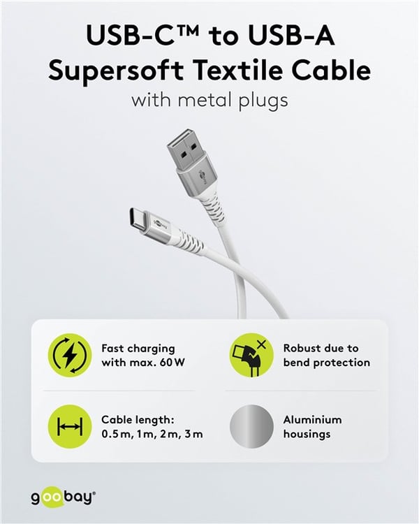 USB-C™ til USB-A supermyk tekstilkabel med metallkontakter, 3 m, hvit
