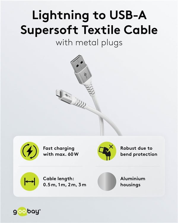 Lightning USB-A superblødt tekstilkabel med metalstik, 0,5 m, hvid