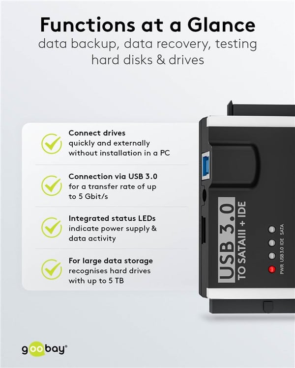 USB 3.0 -kiintolevyadapteri IDE- ja SATA-levyille
