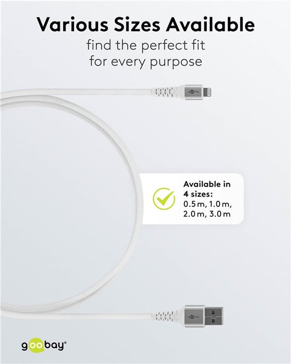 Lightning-USB-A supermyk tekstilkabel med metallkontakter, 1 m, hvit