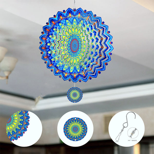 3D-pyörivä Mandala-tuulikello - Keltainen ja sininen