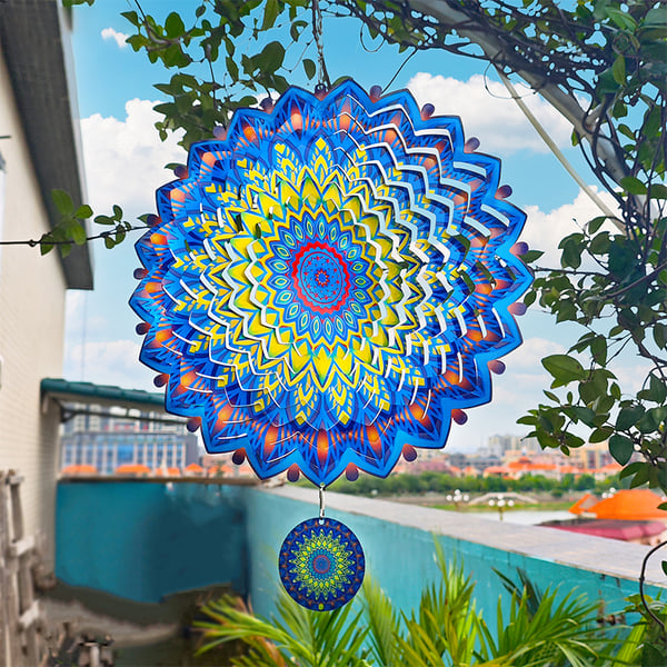 3D-pyörivä Mandala-tuulikello - Keltainen ja sininen