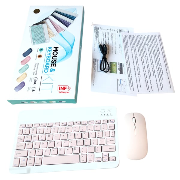 Bluetooth-tastatur og -muskombinasjon - 10-tommers oppladbart trådløst tastatur- og musesett med etui (rosa)