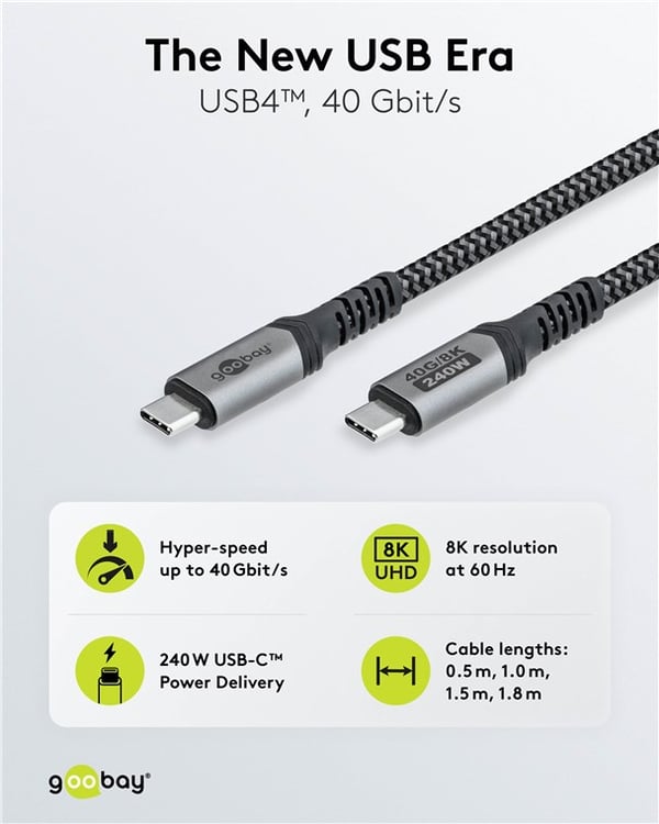 USB-C™-kabel, USB4™, 1,5 m, svart;silver