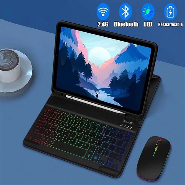iPad 12.9" Tastaturveske - Blått Lærdeksel med RGB Bluetooth-tastatur og Lysende Mus (Høykvalitets Yizhaowei) Black iPad 10.2/10.5 Inches