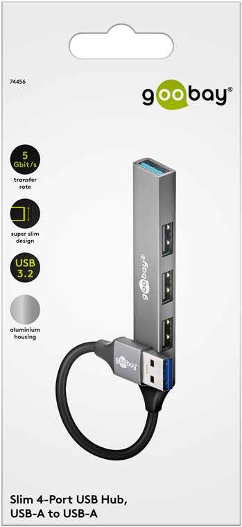 Slim 4-ports USB-hub, USB-A til USB-A, 5 Gbit/s