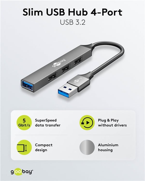 Slim 4-ports USB-hub, USB-A til USB-A, 5 Gbit/s