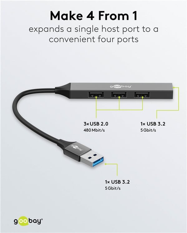 Slim 4-ports USB-hub, USB-A til USB-A, 5 Gbit/s
