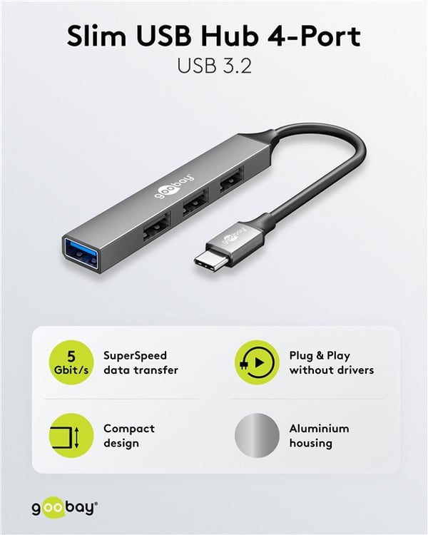 Slim 4-ports USB-hub, USB-C™ til USB-A, 5 Gbit/s
