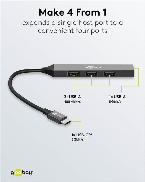 Slim 4-ports USB-hub, USB-C™ til USB-A, 5 Gbit/s