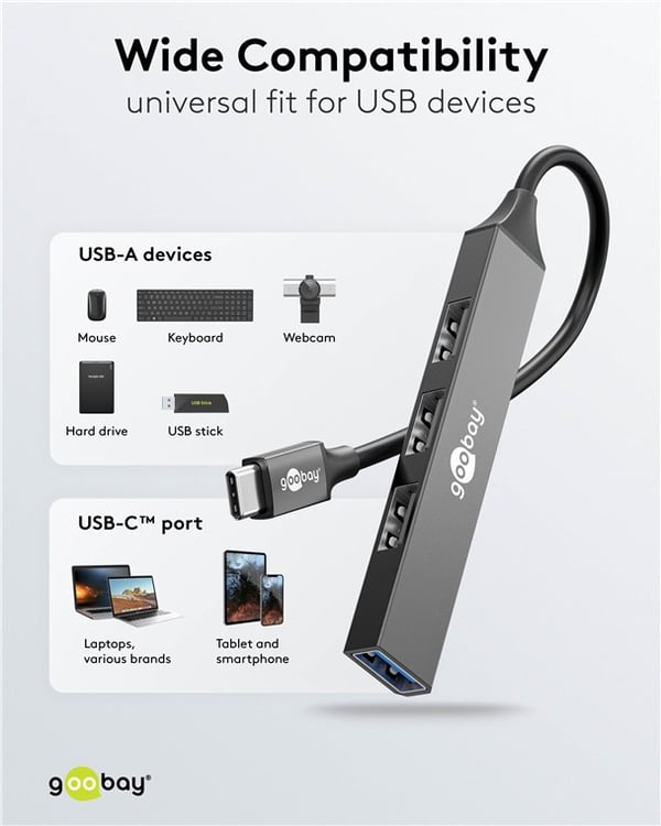 Slim 4-ports USB-hub, USB-C™ til USB-A, 5 Gbit/s