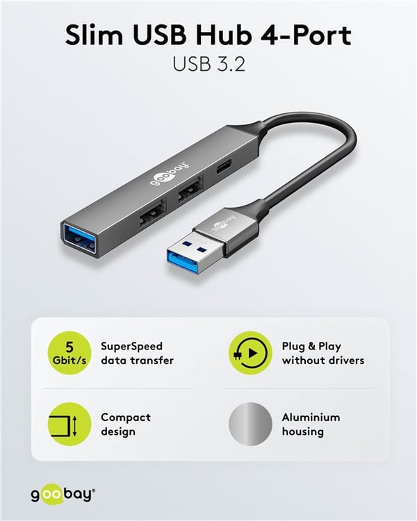 Slank USB-hub med 4 porter, USB-A til USB-C™/USB-A, 5 Gbit/s