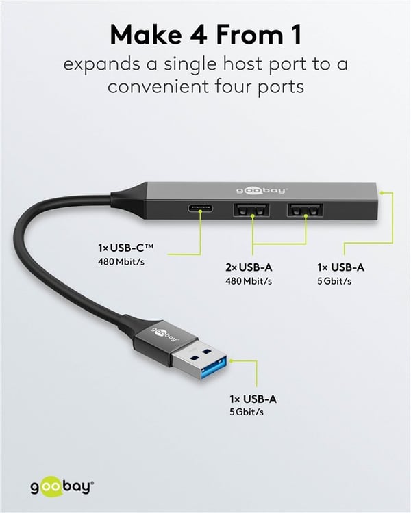 Slank USB-hub med 4 porter, USB-A til USB-C™/USB-A, 5 Gbit/s